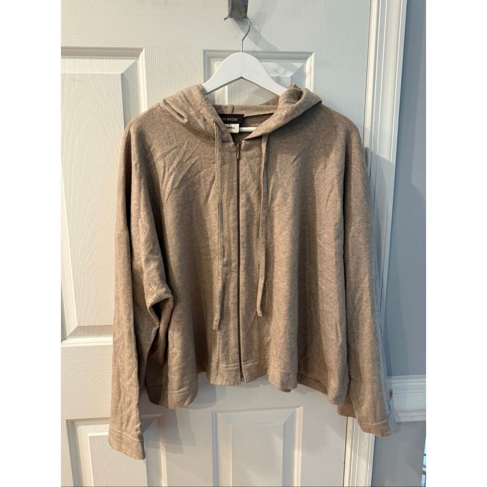 Eskandar X Neiman Marcus Tan 100% Cashmere Jersey Zip Up Hoodie Sz 1 L/XL EUC